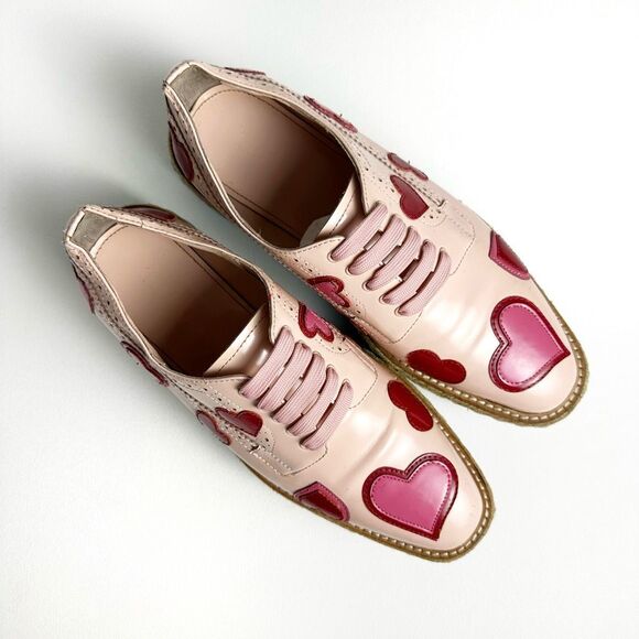 PRADA Pink Red Heart Leather Platform Loafers 39 US 8.5 Flats Lace Up Oxfords - Picture 3 of 13